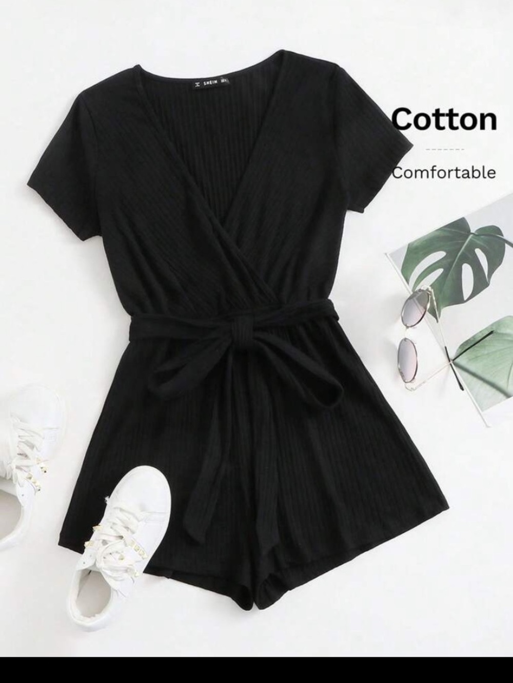 Black Wrap Front Short Sleeve Romper